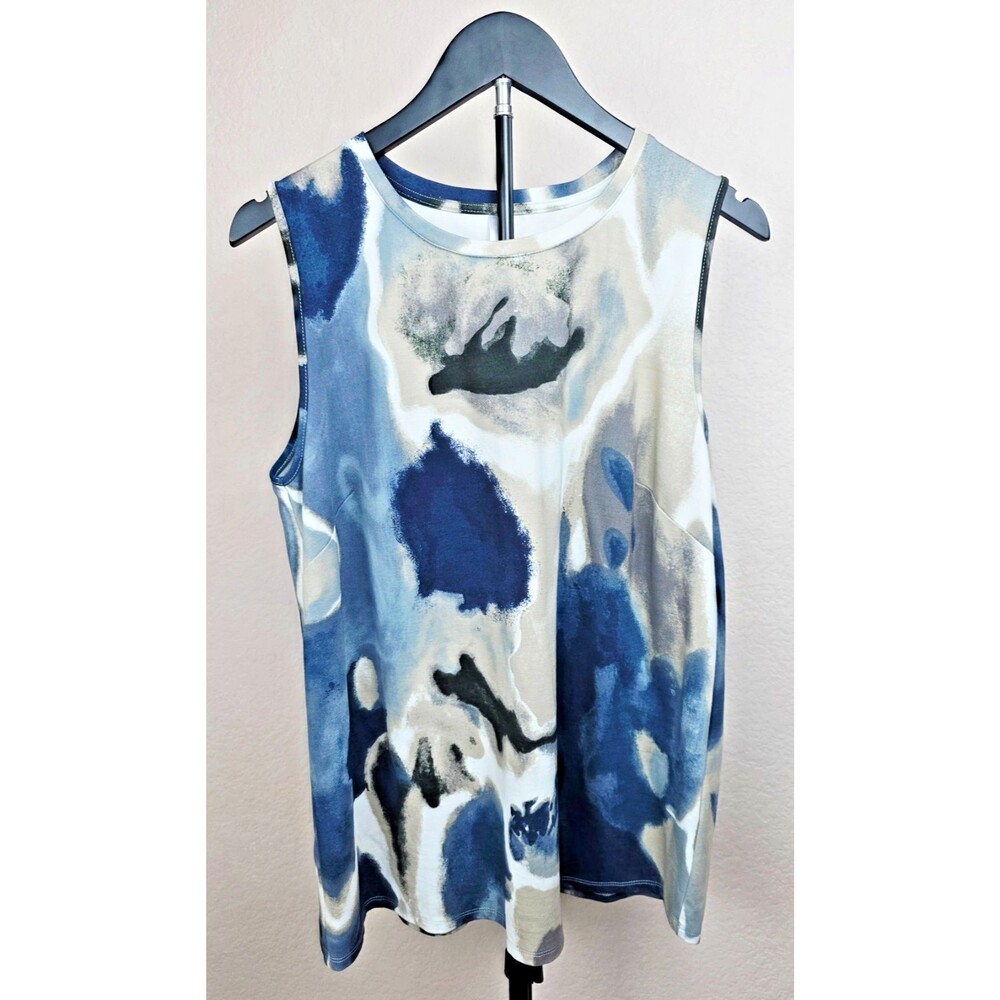 MARLA WYNNE Blue Black Beige Abstract Watercolor Print Sleeveless Tank Top SZ LG